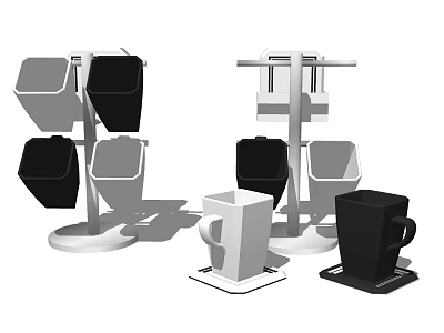 Black and white mugs on cup stands with multiple stacked holders and modern design 3d model