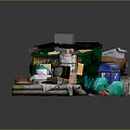 Green Garbage Dumpster With Black Roof Graffiti Various Barrels Cardboard Boxes And Junk