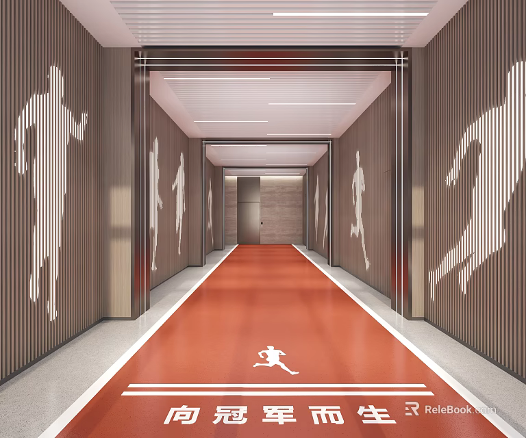 Modern Elevator Corridor With Red Floor And White Sports Silhouettes On Walls 3d model 