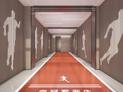 Modern Elevator Corridor With Red Floor And White Sports Silhouettes On Walls 3d model