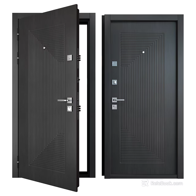 Modern Black Swing Door With Vertical Line Pattern Secure Lock And Handle 3d model