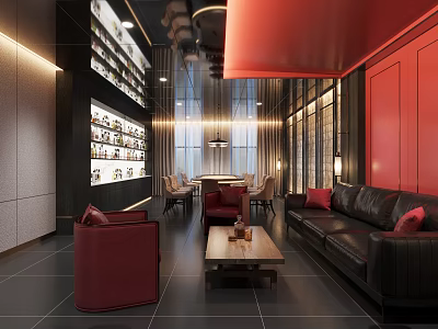 Luxurious Hotel Mahjong Room with Black Leather Sofas Red Armchairs Coffee Table and Modern Lighting 3d model