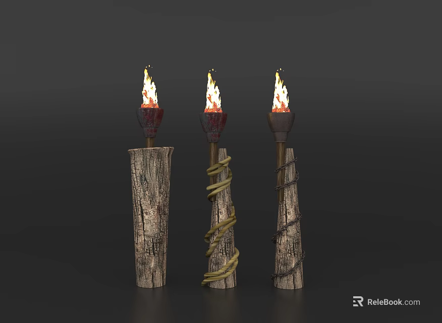 Outdoor Torch Lights with Wooden Posts Rope Wrapped and Flaming Design 3d model 