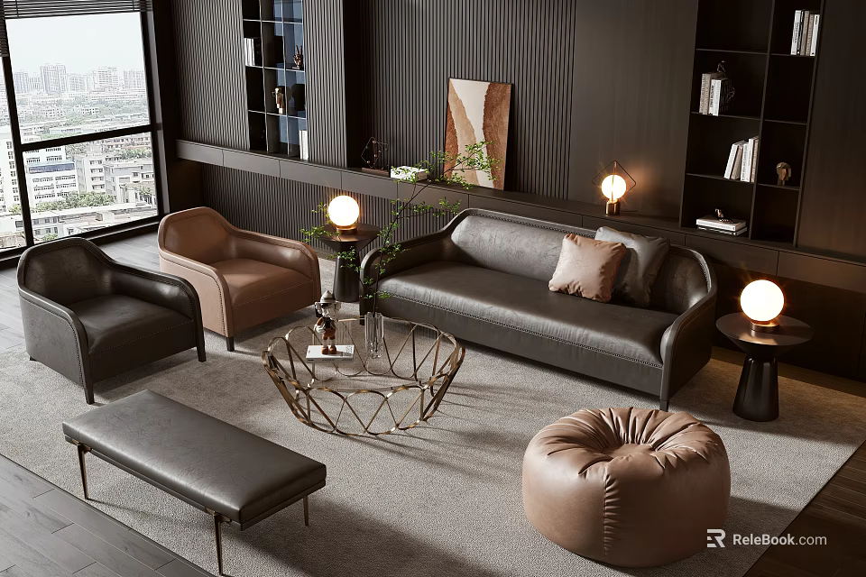 Modern Living Room Interior With Black Sofa And Metal Frame Coffee Table Set 3d model 
