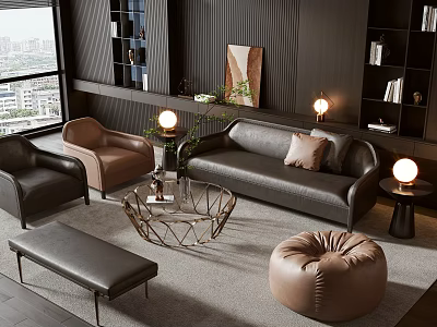 Modern Living Room Interior With Black Sofa And Metal Frame Coffee Table Set 3d model