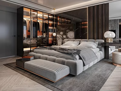 Modern Bedroom Interior Design With Large Gray Bed Glass Wardrobe Globe Lamp And Herringbone Flooring 3d model