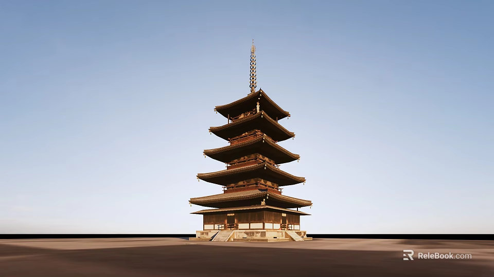 Ancient Traditional Pagoda Structure With Layered Wooden Design And Blue Sky Backdrop 3d model 