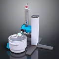 Industrial Mixing Equipment With Blue Mechanical Parts And White Container On Metal Stand