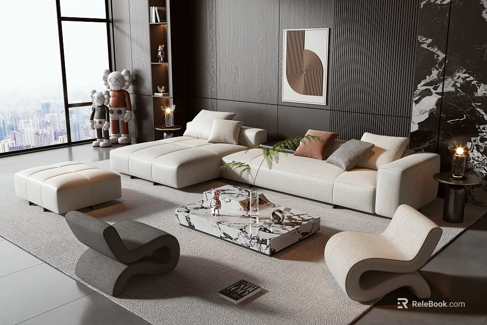 Modern Beige Sofa And Marble Coffee Table Set With Pillows Green Plant And Ottoman 3d model 