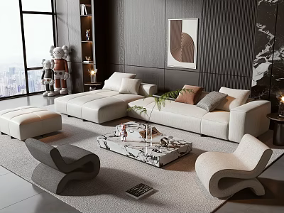 Modern Beige Sofa And Marble Coffee Table Set With Pillows Green Plant And Ottoman 3d model