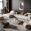 Modern Beige Sofa And Marble Coffee Table Set With Pillows Green Plant And Ottoman