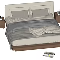 Double Bed With White Headboard Gray And White Bedding Wooden Nightstands On Both Sides