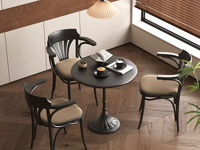 Modern Meeting Table and Chairs with Black Frame Beige Cushions Round Top on Wooden Floor 3d model