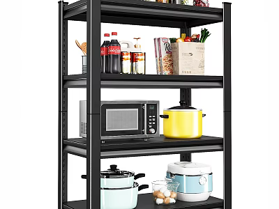 Dinnerware Set with Cookware Microwave and Kitchen Items on Black Multi tier Shelf 3d model