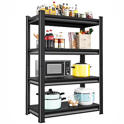 Dinnerware Set with Cookware Microwave and Kitchen Items on Black Multi tier Shelf 3d model