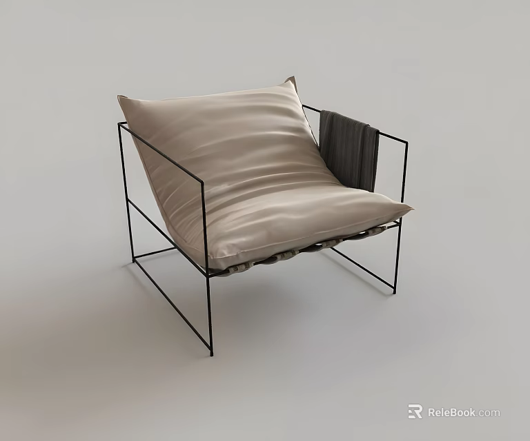 Modern Accent Leisure Chair Design With Black Metal Frame And Beige Pleated Cushion 3d model 
