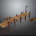 Wooden Dock Scene With Planks Barrels Small Boat And Flagpole