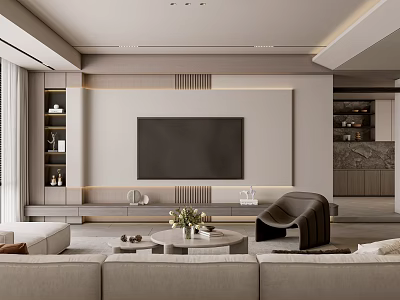 Modern Living Room Interior Design With Large TV Beige Sofa Coffee Table And Decorative Shelves 3d model