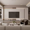 Modern Living Room Interior Design With Large TV Beige Sofa Coffee Table And Decorative Shelves
