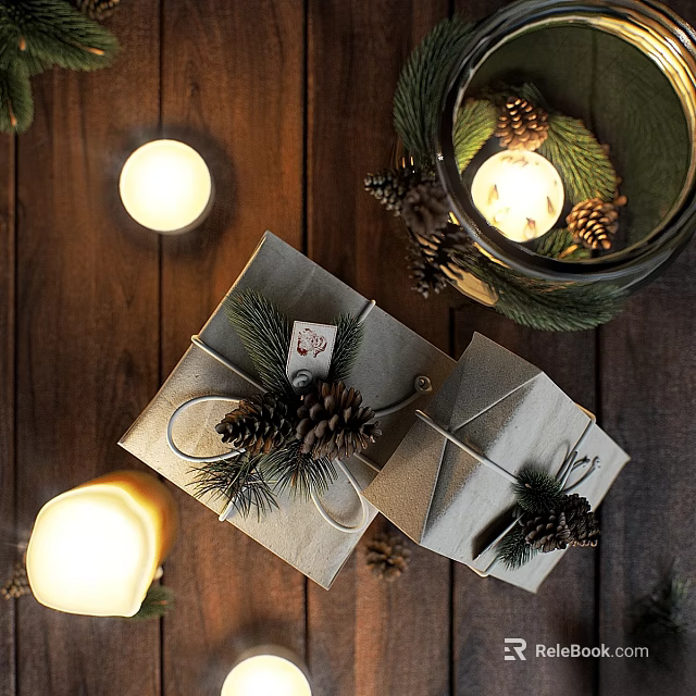 Decorative Ornament Set With Gift Boxes Pine Cones Twine And Lit Candles 3d model 