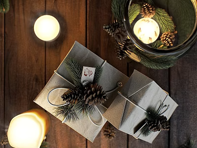 Decorative Ornament Set With Gift Boxes Pine Cones Twine And Lit Candles 3d model
