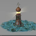 Decorative Lighthouse Themed Furniture Model Featuring Lit Light And Blue Wave Base Design