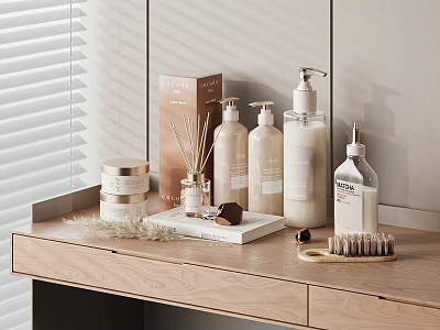 Daily Washing Essentials On Wooden Countertop With Pump Bottles Aromatic Diffuser And Decorative Items 3d model