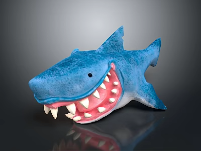 Blue Stuffed Shark With Open Mouth And White Teeth On Gray Background With Reflection 3d model