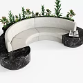 Curved Light Colored Sectional Sofa With Black Marble Base And Green Plants 3d model