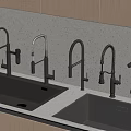 Modern Double Kitchen Sinks With Various Faucet Designs On Light Speckled Countertop