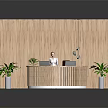 Curved Wooden Reception Desk with Woman Staff Computers Green Plants Wooden Walls and Black Floor