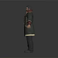 Bearded Man Wearing Dark Green Long Coat With Yellow Buttons Red Collar Black Pants