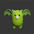 Cute Green Cartoon Creature With Horns And Bat Like Wings On Dark Reflective Surface