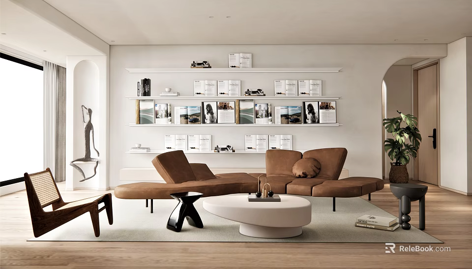 Modern Living Room Interior Design With Brown Sofa Round Coffee Table And Bookshelves 3d model 