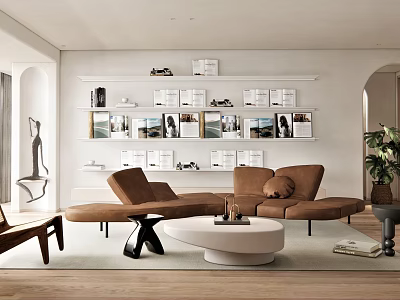 Modern Living Room Interior Design With Brown Sofa Round Coffee Table And Bookshelves 3d model