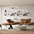 Modern Living Room Interior Design With Brown Sofa Round Coffee Table And Bookshelves