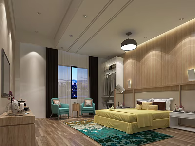 Modern Hotel Guest Room Interior With Yellow Bed Wooden Walls And Blue Armchairs 3d model