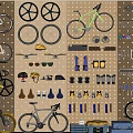 Bicycle Workshop With Multiple Bikes Mounted Wheels Tools And Parts On Wall 3d model