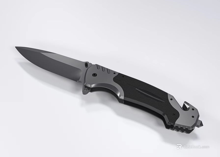 Tactical Folding Knife With Black Textured Handle And Silver Metal Blade 3d model 