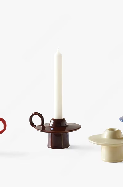 Red Brown Beige Blue Candle Holders With Round Base Ring Handle And White Candle 3d model