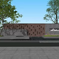 Modern Building Facade With Bronze Square Cutouts Lush Trees Water Feature And Flower Beds