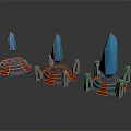 Three Crystal Pedestals With Red And Yellow Steps And Metal Decorations