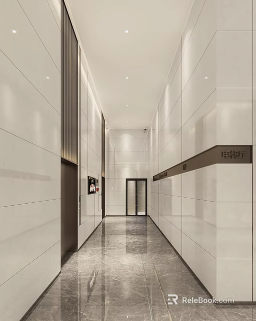 Modern Front Desk Reception Area With White Walls Elevator Hall Corridor And Soft Lighting Design 3d model
