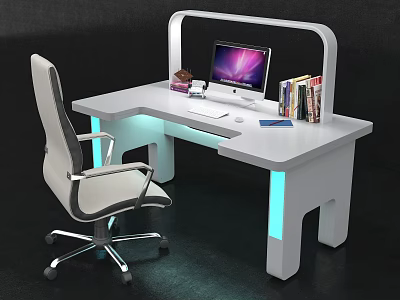 Modern White Office Desk With Computer Monitor Books Ergonomic Chair And LED Lighting 3d model