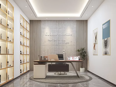 Modern Public Office Area With Display Shelves Wooden Desk Plant And Artworks 3d model