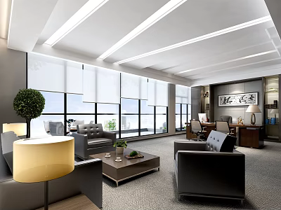 Modern Office Interior Design With Large Windows Blinds Sofas Coffee Table And Green Plant 3d model