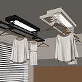 Ceiling Mounted Clothes Drying Rack With LED Lights Hanging White Garments And Wooden Wall