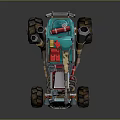 Teal Modified Off Road Vehicle Design With Large Tires Rocket Exhaust Pipes And Exposed Engine