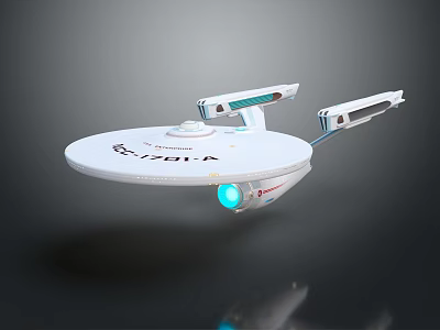 White Enterprise Spaceship With Disc Shaped Hull And Blue Light Engines 3d model