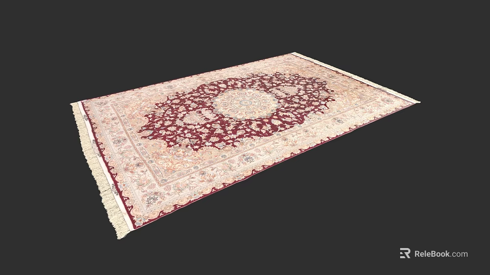Square Rug Featuring Intricate Traditional Pattern Cream Background Burgundy Accents and Fringed Edges 3d model 